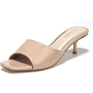 Lullasong Kitten Heels Nude Faux Leather Women's Sandals Slides Square Open Toe